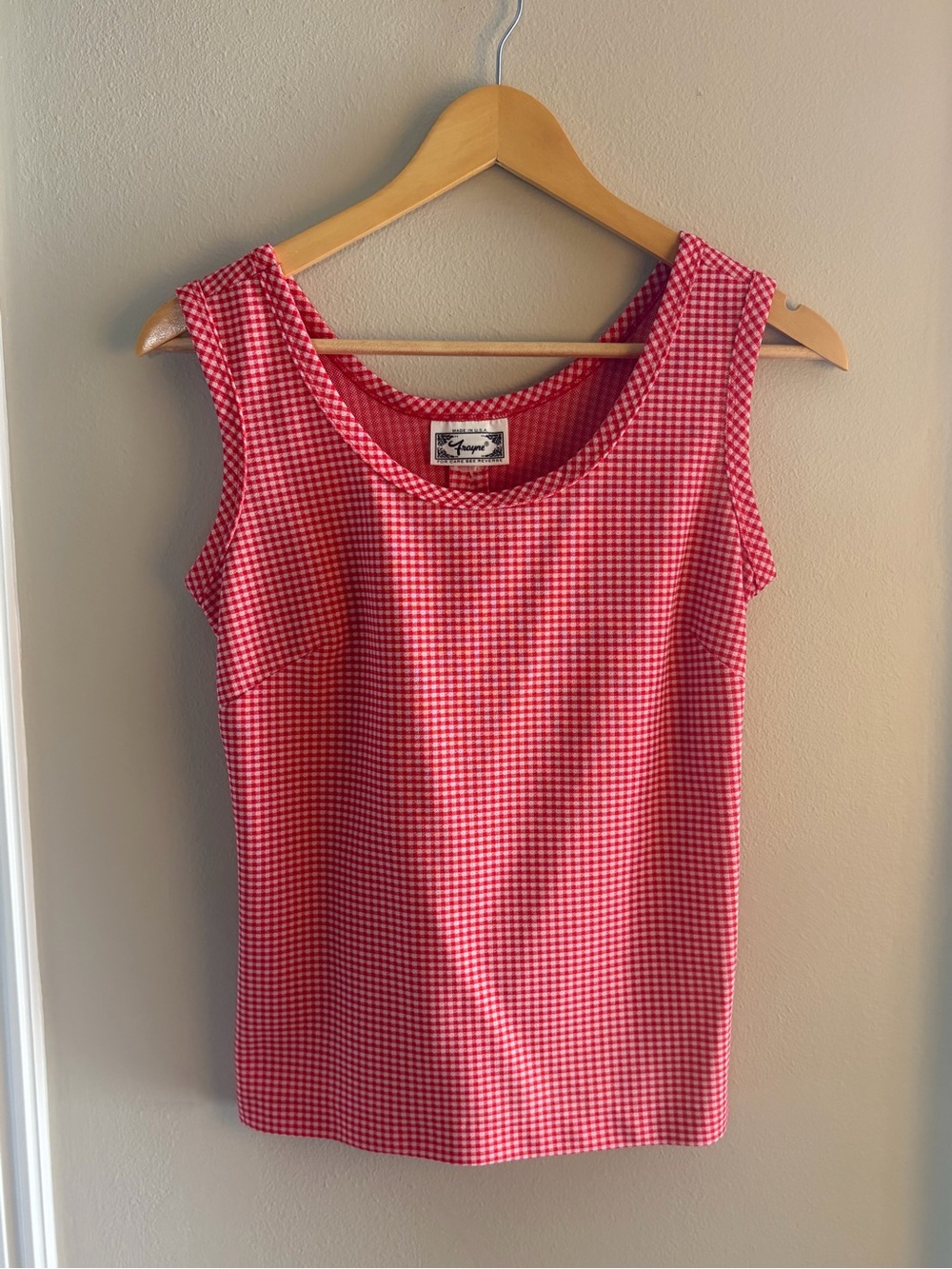 Vintage Frayne Red White Gingham Check Sleeveless Tank Top Womens S 70s USA Made